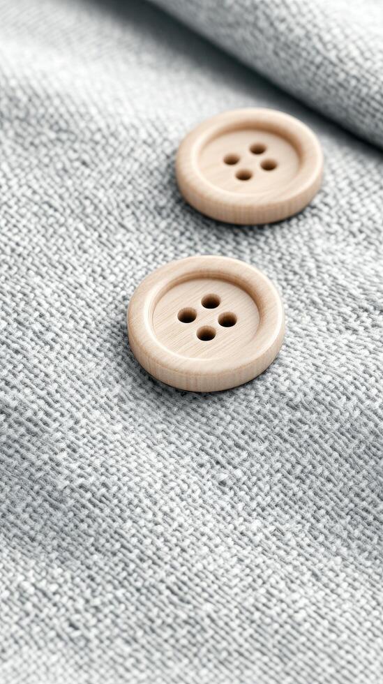 Close view grey fabric. Two round buttons attach fashion creation. Futuristic look clothing material. Garment feature design with buttons photo