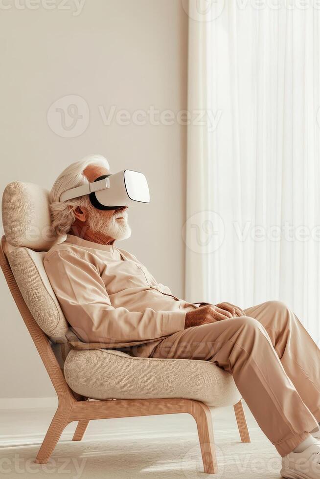 Person using virtual reality headset relaxes in comfortable chair indoors. Experiencing new technologies. Digital future accessible with wireless networks. Exploring 5G networks capabilities. photo