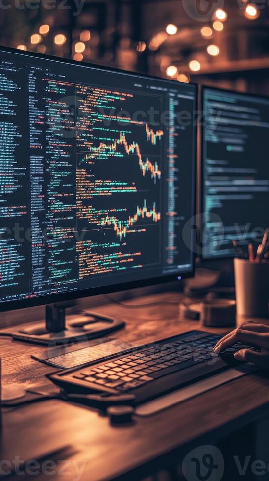 Dual monitors displaying cryptocurrency charts code. Hand uses keyboard on a desk. Lights illuminate background. Focus on trading. photo