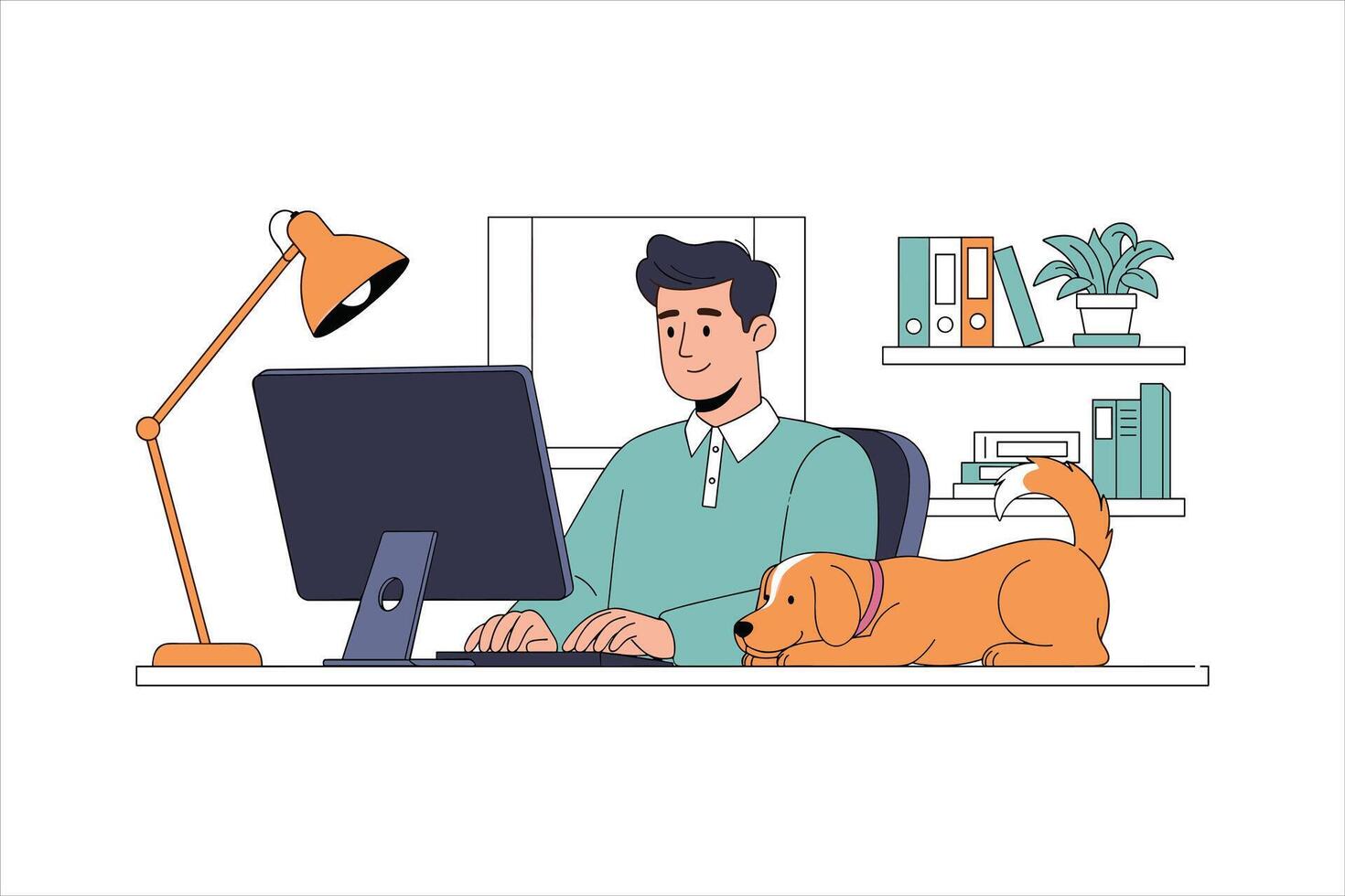 Man Working on Computer at Desk with Dog Remote Office vector
