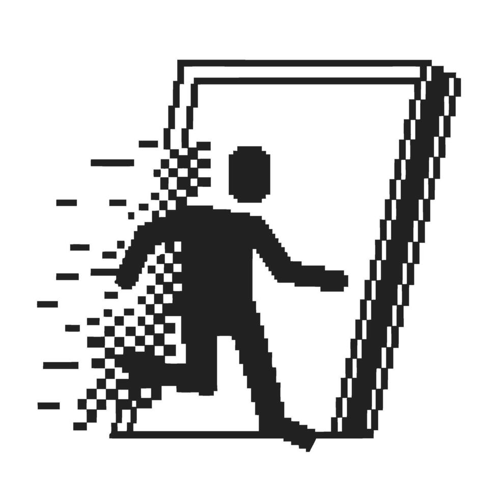 Pixelated silhouette figure exiting through door, digital glitch effect, disintegration, technology and transition concept vector