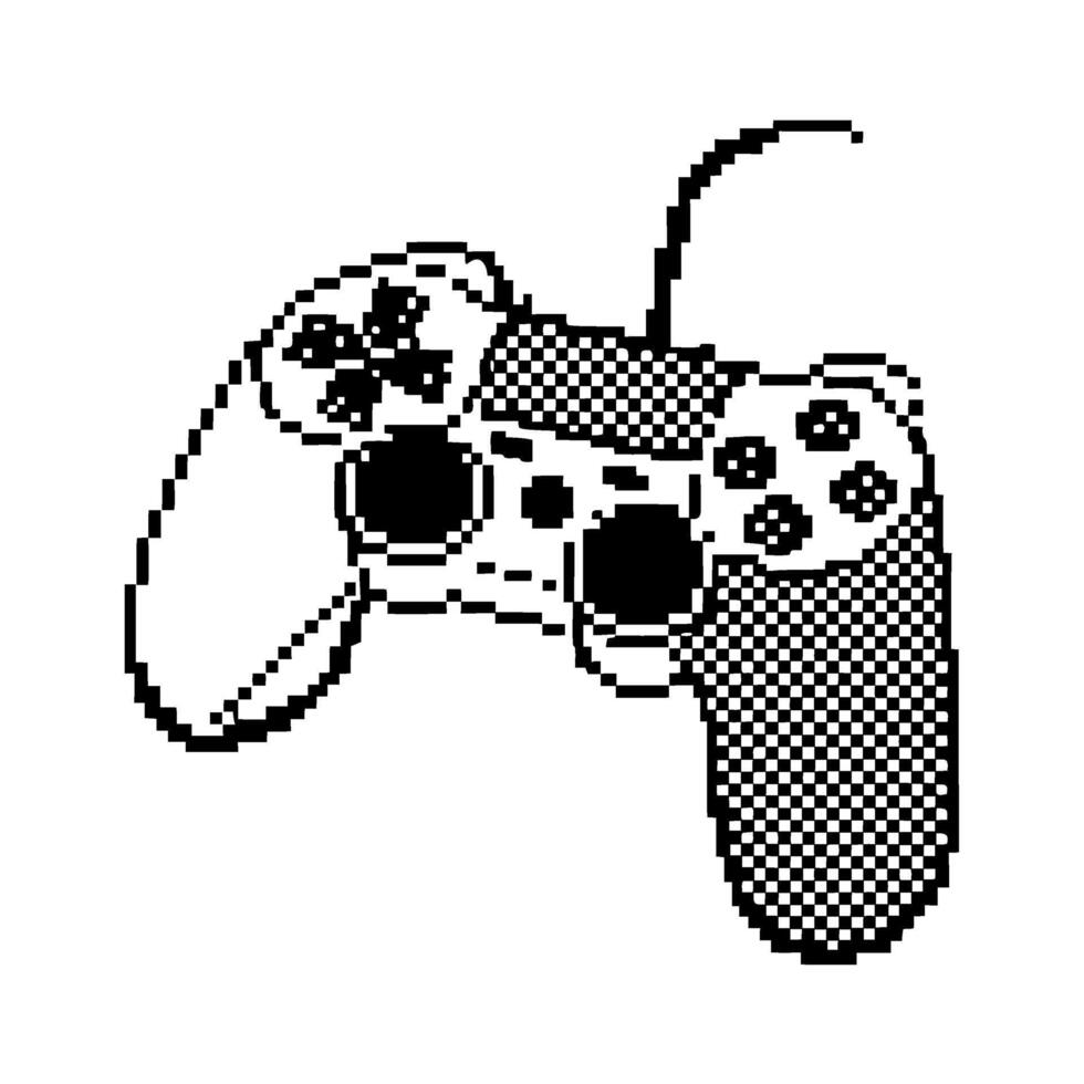 Classic pixel art game controller retro wired joystick, nostalgic old school gaming device icon, black and white illustration vector