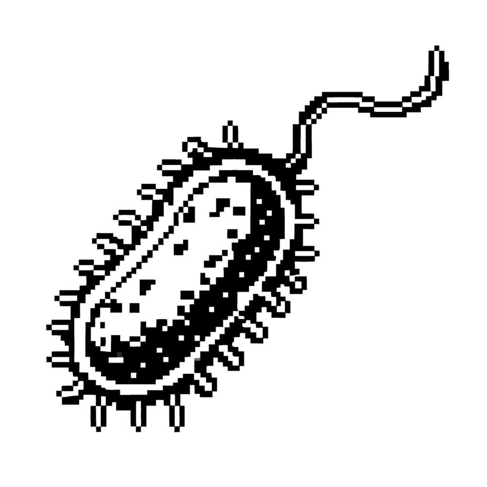 Black and white pixel illustration of a single bacterium with flagellum and surface structures, retro digital microorganism vector