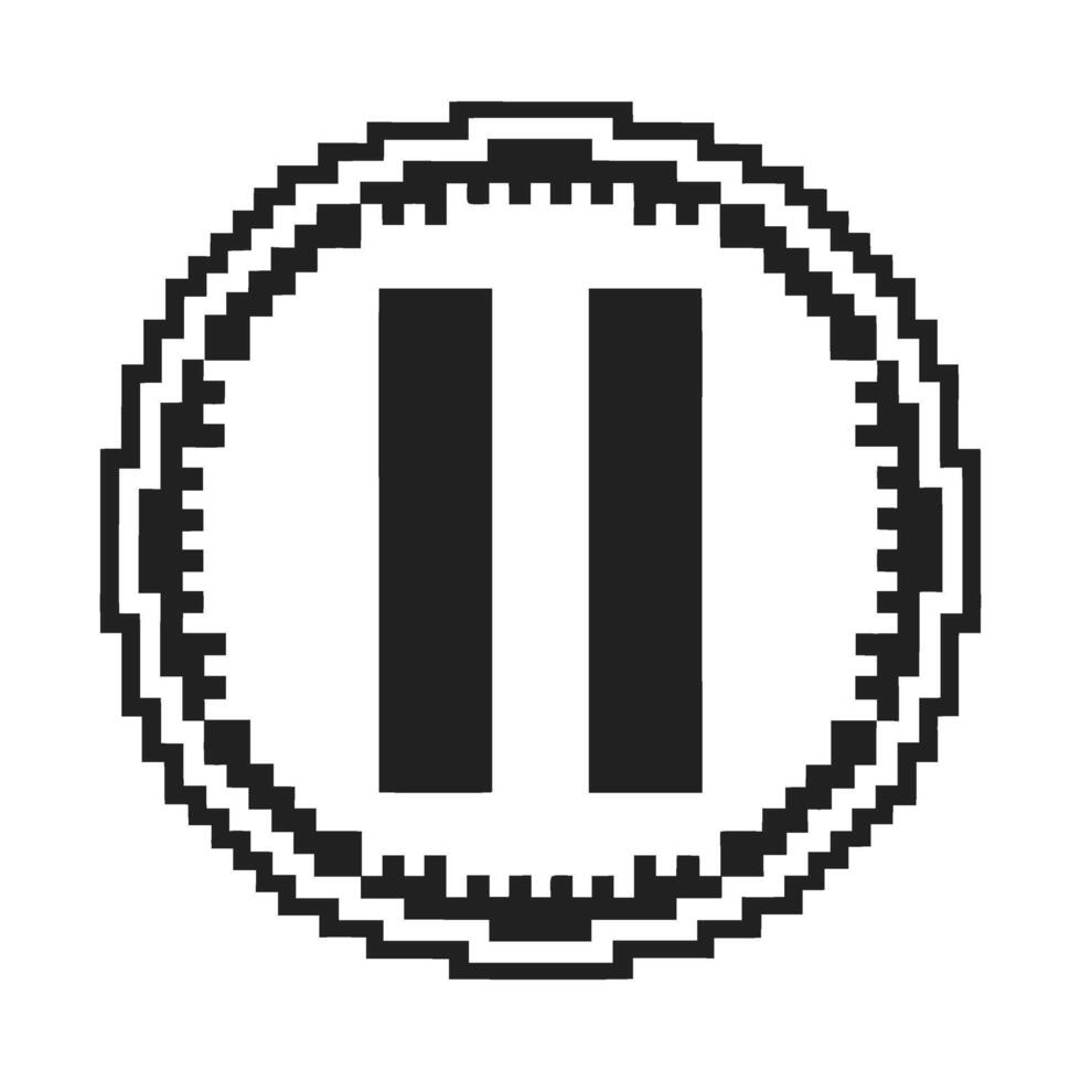 Pixel art pause icon in black and white, retro gaming control symbol, circular geometric button for interface or application vector