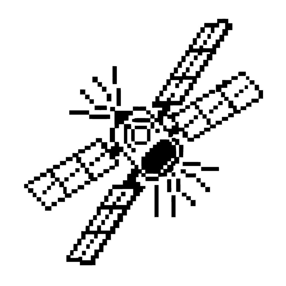 Pixel art satellite in monochrome simple retro design, digital communication, space technology, orbit, transmission, signal concept vector