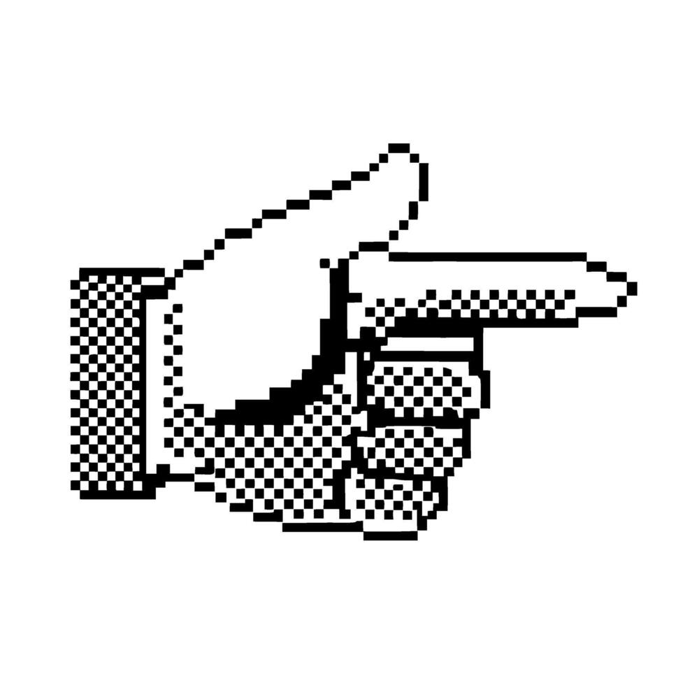 Pixelated hand cursor pointing right retro black and white icon, digital pointer, classic computer interface symbol vector