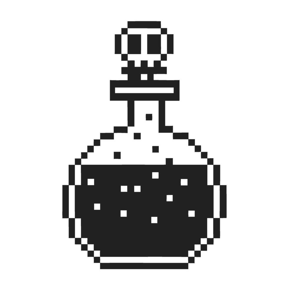 Retro pixel art potion bottle with cork top black and white elixir flask, vintage game alchemy icon design vector