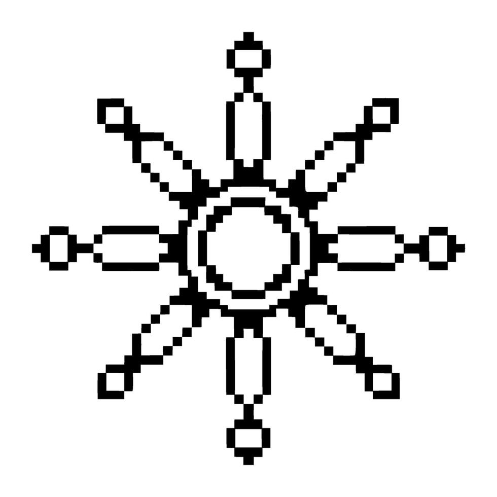 Black and white pixelated geometric sun with eight symmetrical rays and circular center, digital retro abstract design vector