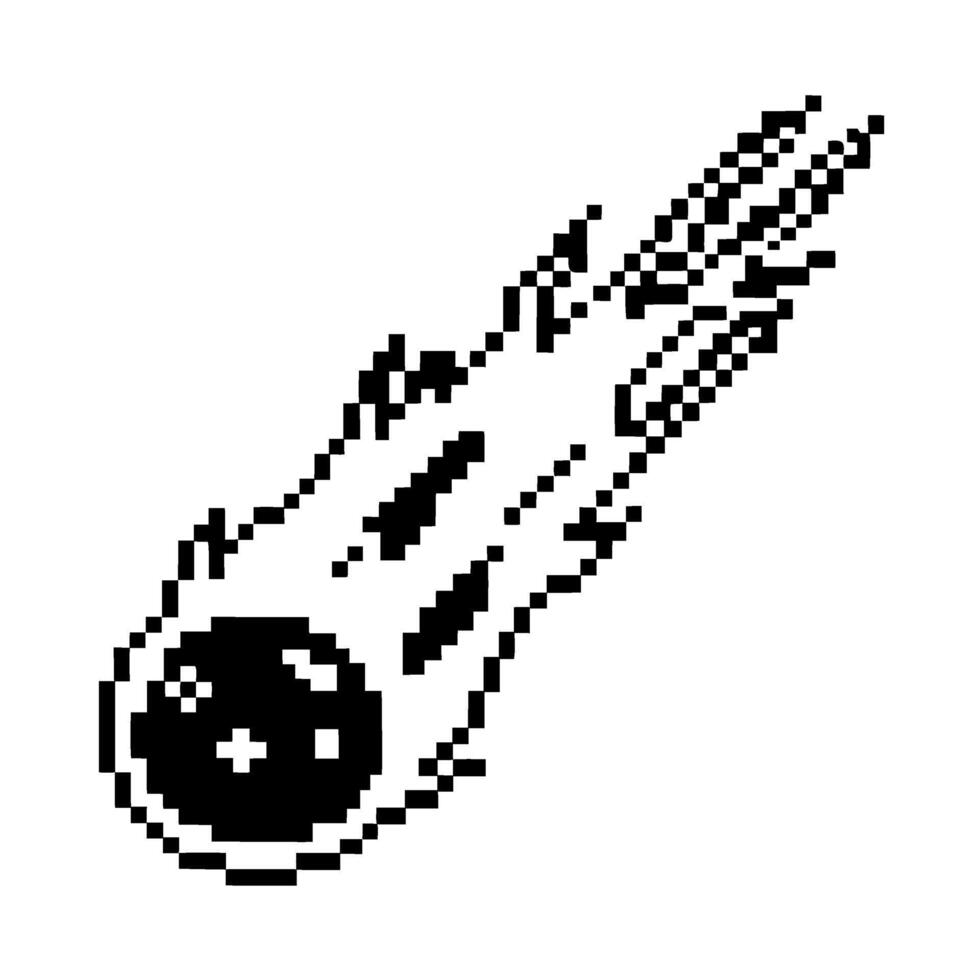 Pixel art flaming meteor illustration retro 8 bit fireball with trailing flames, minimal black and white design vector