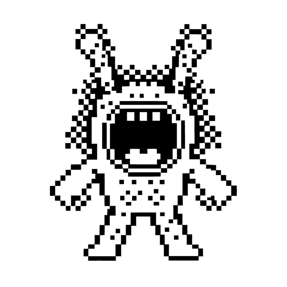 Pixel art monster with open mouth, retro 8 bit black and white alien creature, digital game sprite character design vector