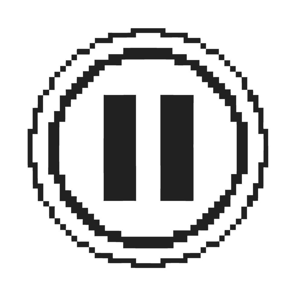 Pixelated pause icon, black and white digital symbol retro 8 bit user interface sign for media or control vector