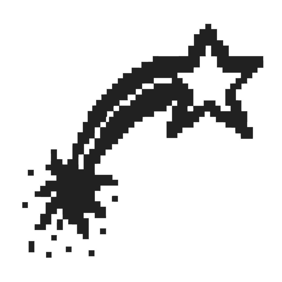 Pixelated shooting star in monochrome, retro game design eight bit falling star icon with pixel dust trail illustration vector