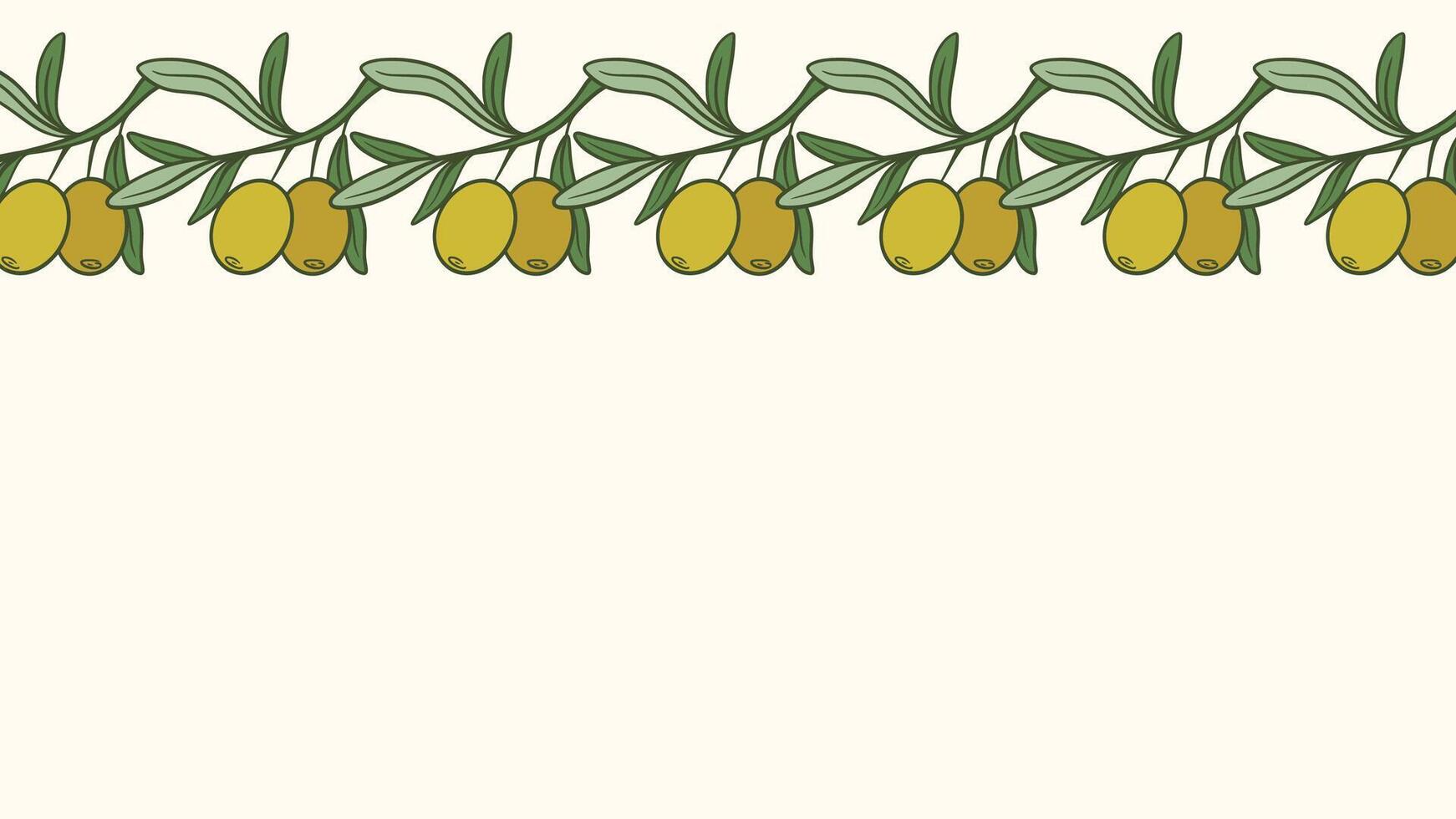 Horizontal banner with border of olive branches. Ripe olives on branch with leaves create a frame. Template with text, graphic vector