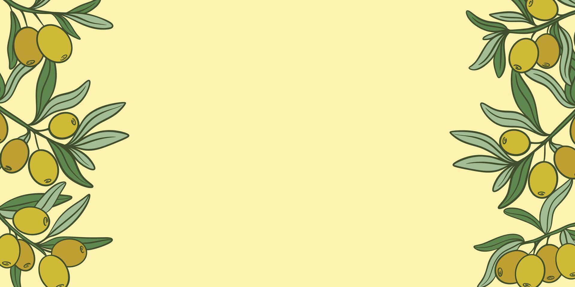 Extra virgin olive oil. Horizontal banner with a frame of olive branches. Ripe olives on branch with leaves create the frame. Template with text, graphics vector