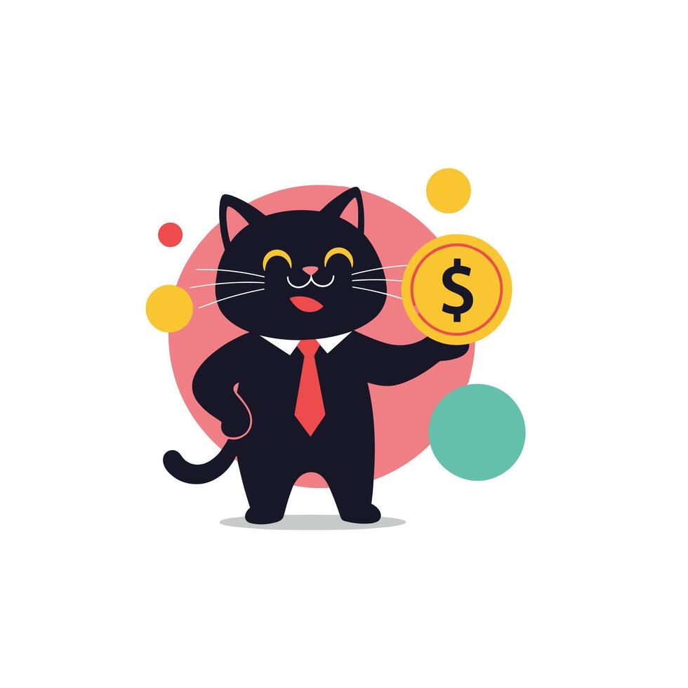 A happy black cat wearing a red tie holds a golden coin with a dollar sign in its paw with a pink circle and colorful dots in the background. vector