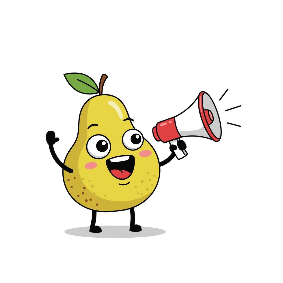 A happy pear character is shouting with a megaphone spreading a message. vector