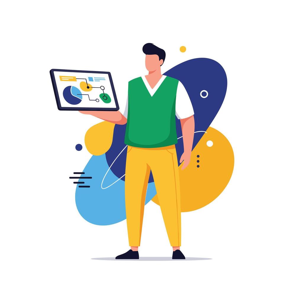 A person presenting a data visualization on a tablet with abstract shapes in the background. vector