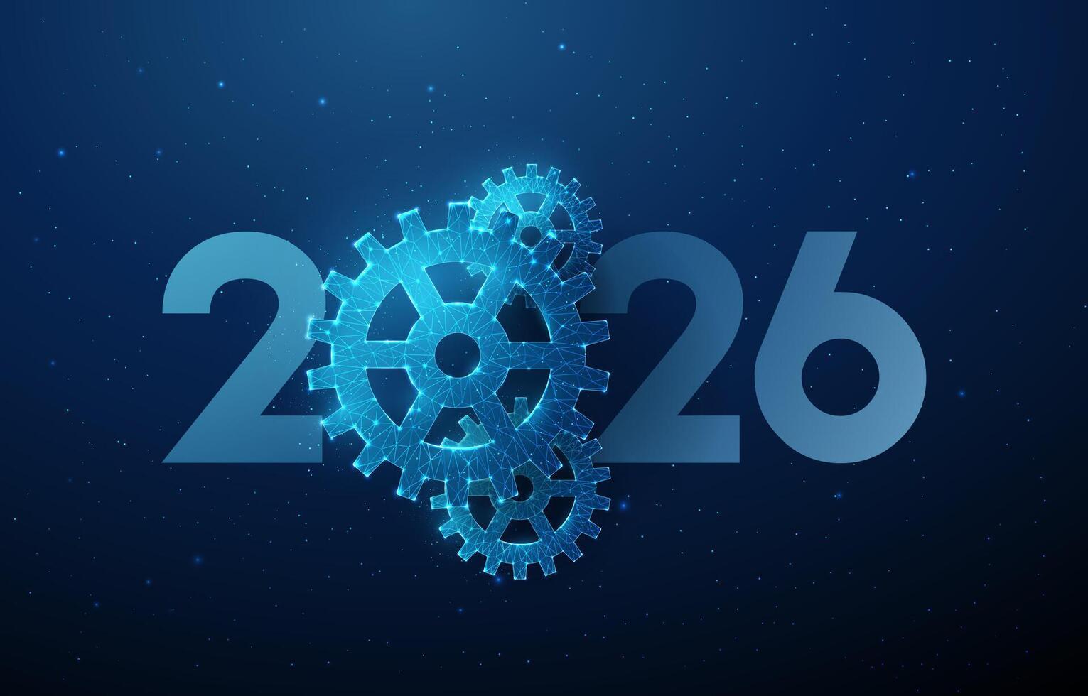 Happy New Year card with 2026 number with gears. Technology development, process optimization, industry progress, automation, productivity concept. vector