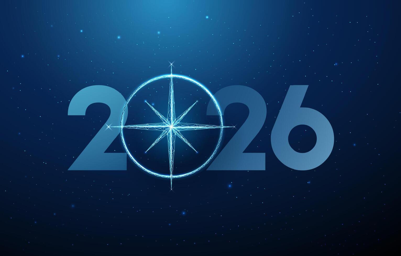 Happy New Year card with 2026 number and compass replacing zero. New year direction, goal setting, strategic planning, guidance, future vision concept vector