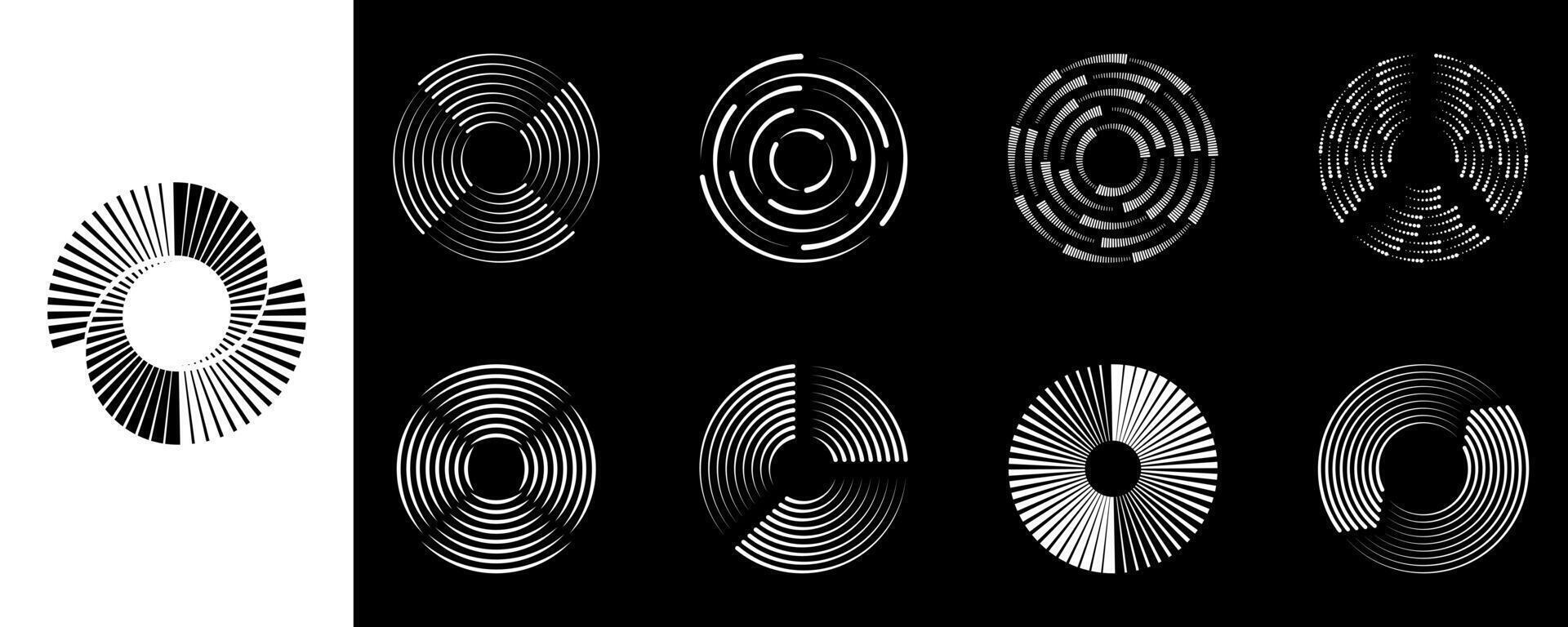 Abstract Spiral Circular Line Shapes Isolated on Black and White Background. Modern Dynamic Motion Geometric Shapes with Spiral Line Pattern. Isolated Illustration vector