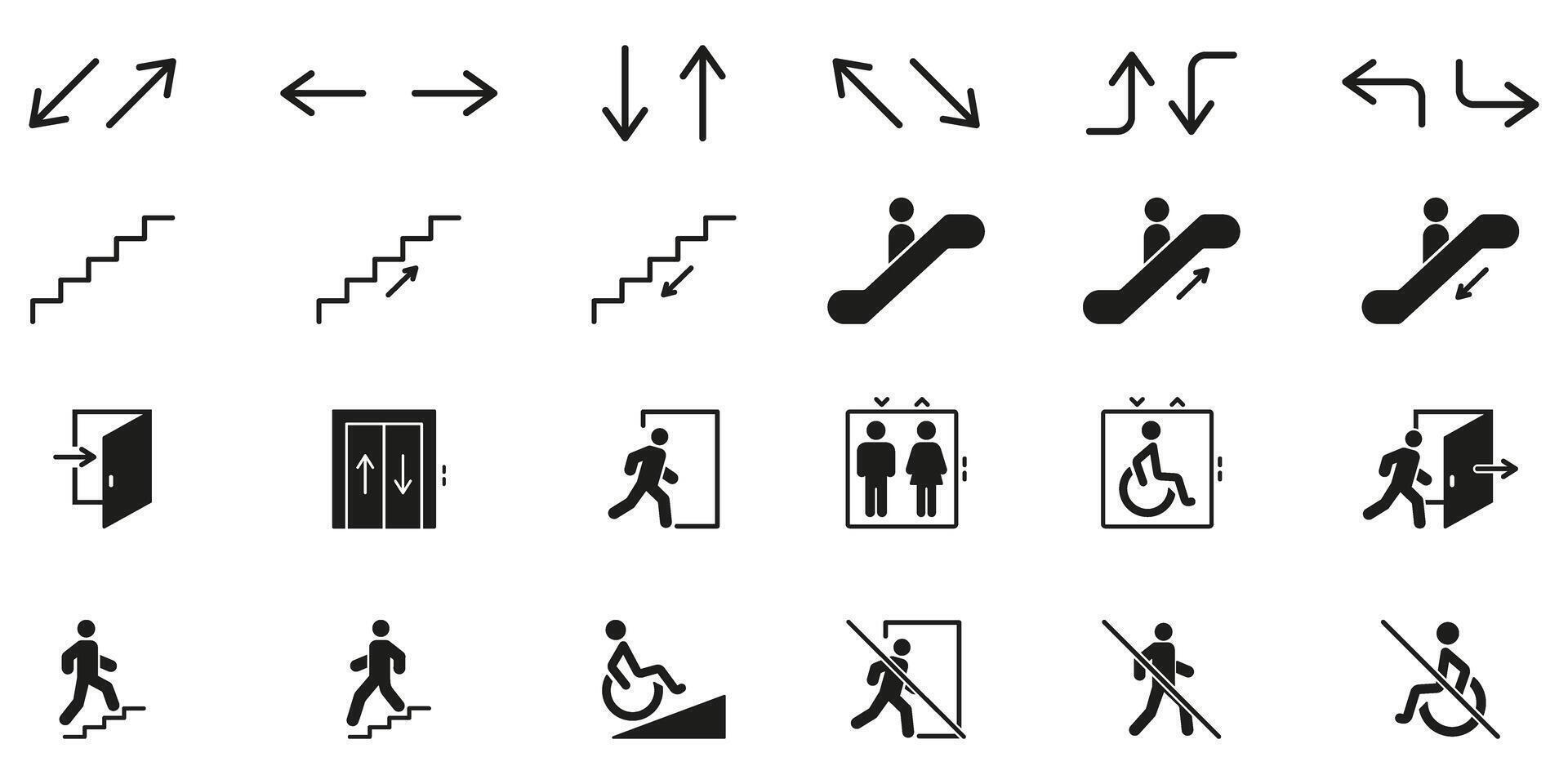 Directional And Accessibility Solid Icon Set. Navigation, Movement and Accessibility Guidance Silhouette Symbol Collection. Includes Arrows, Stairs and Wheelchair Ramps. Isolated Illustration vector