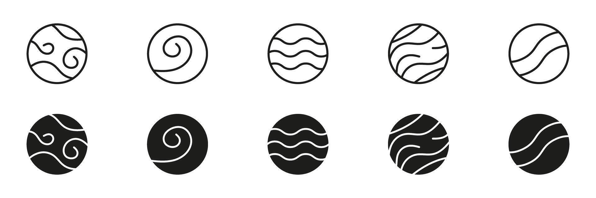 Futuristic Planet Surface Patterns and Abstract Waves Line and Solid Icon Set. Cosmic Sphere With Swirls Modern Astronomy Orbital Design Symbol Collection. Isolated Illustration vector