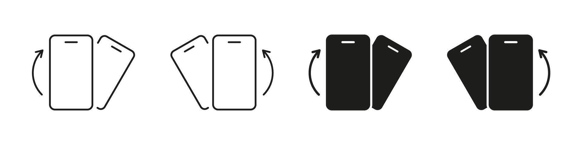 Smartphone Rotation Gesture Icon Set. Device Orientation Change And Screen Rotation Outline And Silhouette Symbol Collection. Mobile Interaction And User Interface. Illustration vector