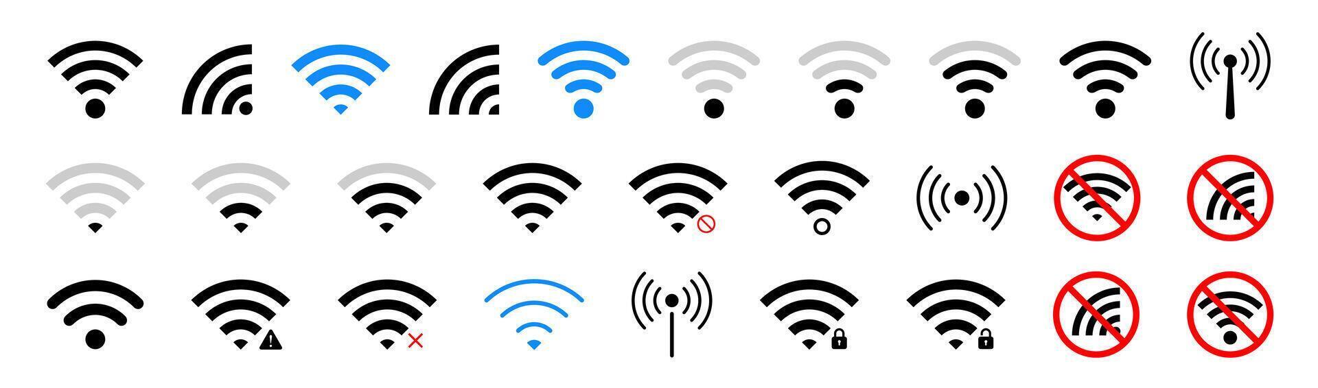 wifi signal icons. wireless network signal symbol collection. wifi signal, low signal, high signal, speed, no wifi, locked, password, hotspot, wifi zone etc icons. vector