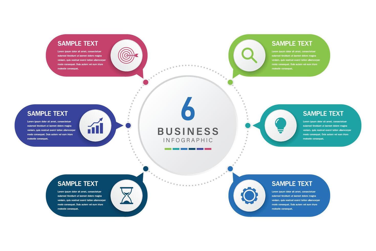 6 Part Business Strategy Infographic with Icons and Color Segments vector