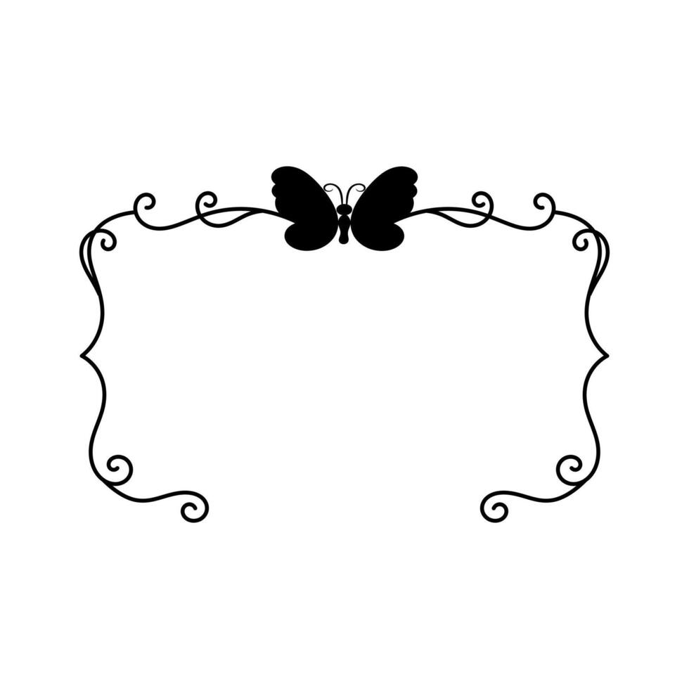 Black frame with curly line pattern and butterfly drawing illustration for invitation or border text vector