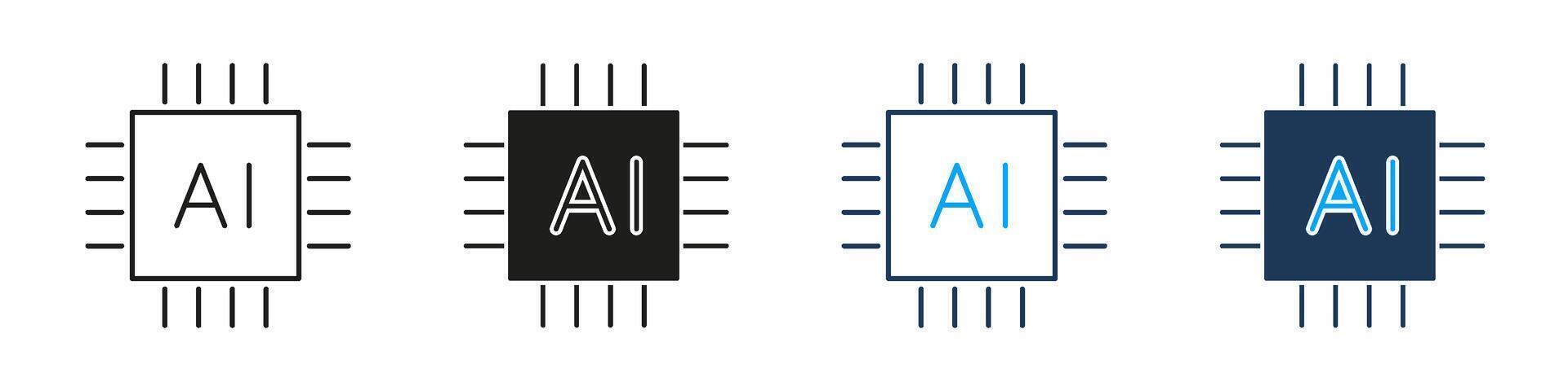 AI Chip Processor Technology Line and Solid Icon Set. Artificial Intelligence Hardware Computing Innovation Symbol Collection. Isolated Illustration vector