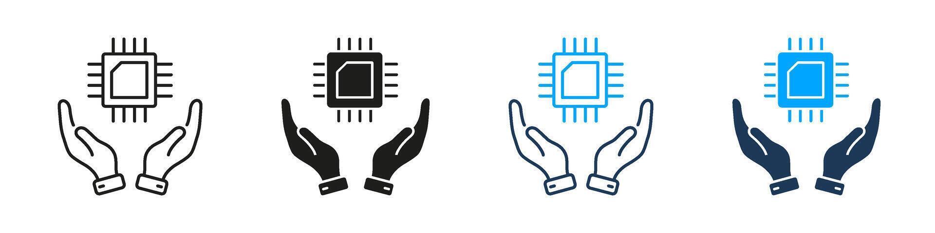 Hands Protecting Microchip Digital Technology Line and Solid Icon Set. Innovation Security Support Electronics Symbol Collection. Isolated Illustration vector