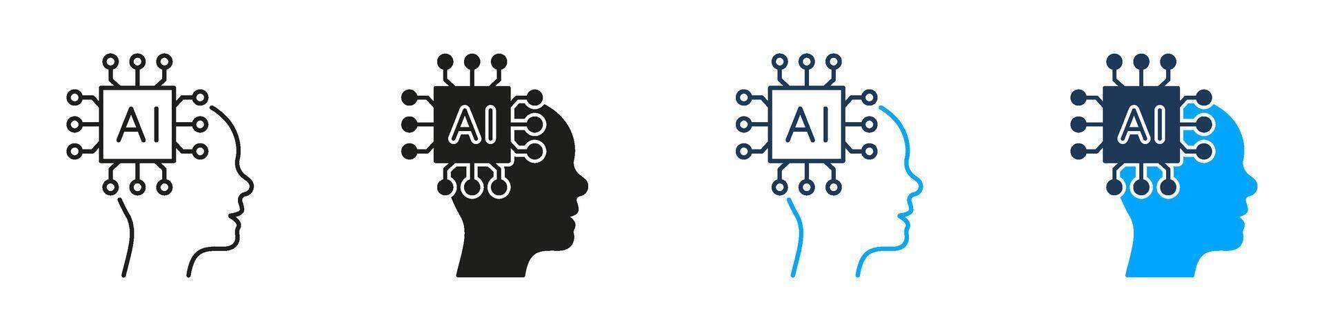 Artificial Intelligence Human Head with Chip Line and Solid Icon Set. Digital Brain Machine Learning Cognitive Computing Technology Symbol Collection. Isolated Illustration vector