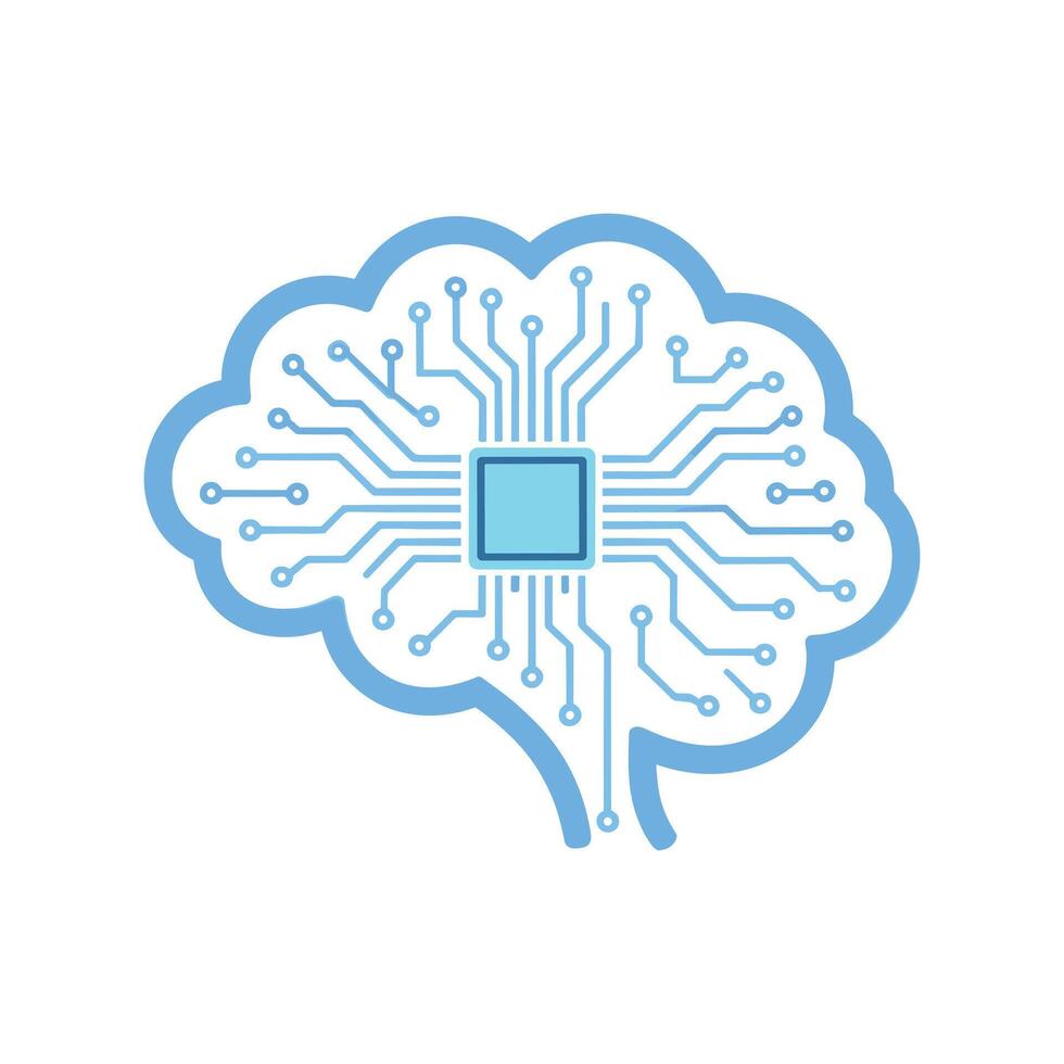 Blue circuit board stylized as a brain with a central processor chip on white background technology vector