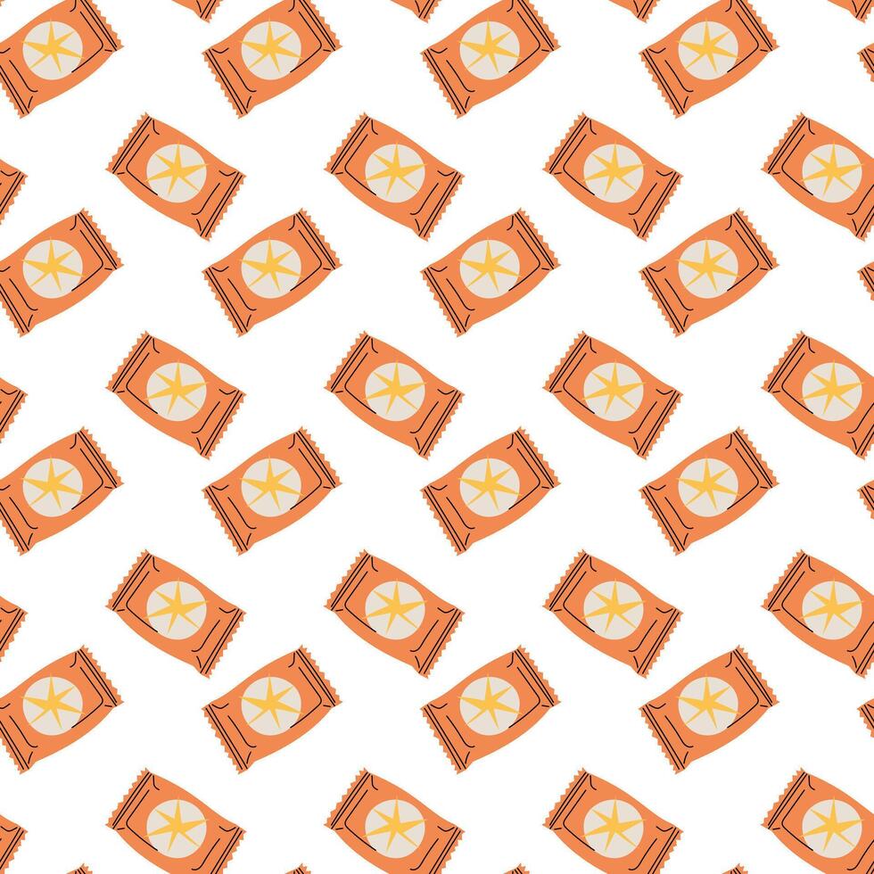 Pattern of round candies in a rectangular orange package. Flat colored seamless texture of holiday sweets in a wrapper. Caramel. For Christmas, New Year backgrounds, packaging, and textile prints. vector
