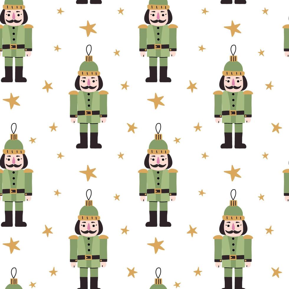 Nutcracker soldiers in festive pattern on white background with golden stars and green uniform vector
