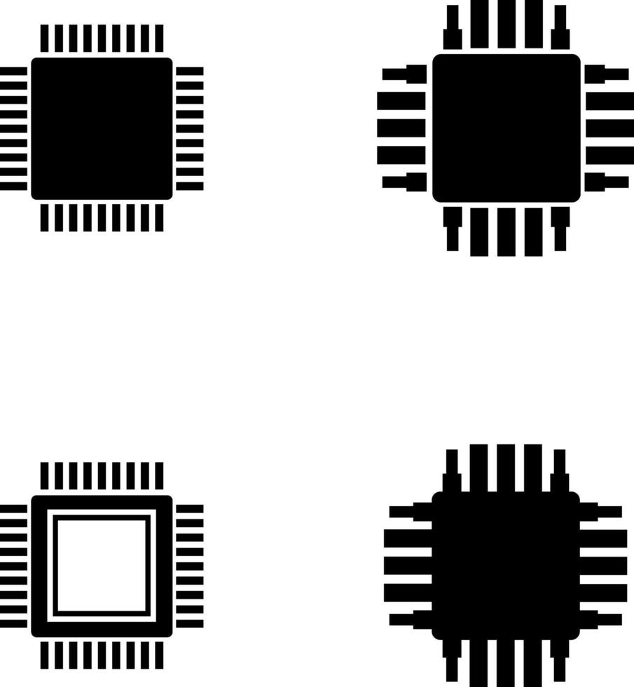 Four black computer microchip icons with pins, isolated on white background vector