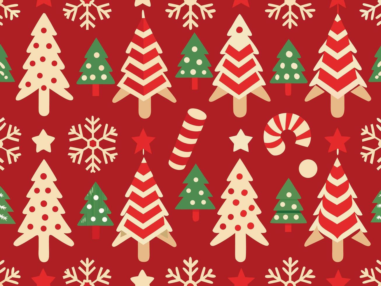 Whimsical christmas tree and snowflake pattern on red background vector