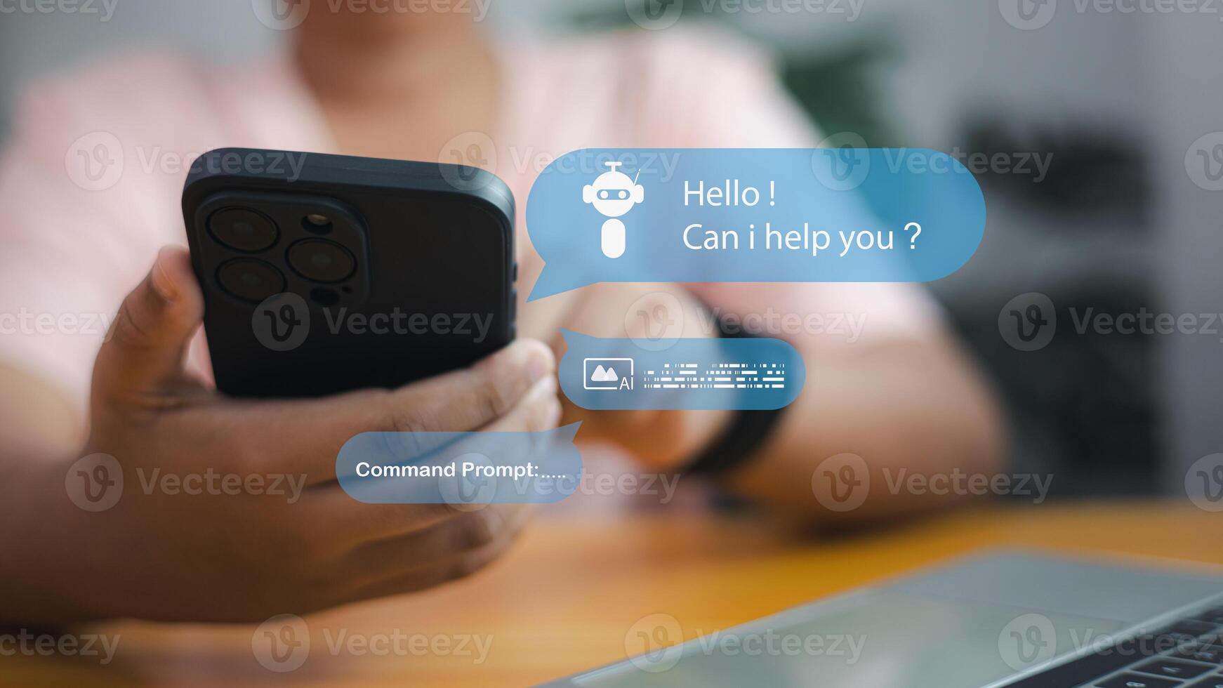 Chatbot AI assistant on smartphone screen, artificial intelligence technology and digital communication concept photo