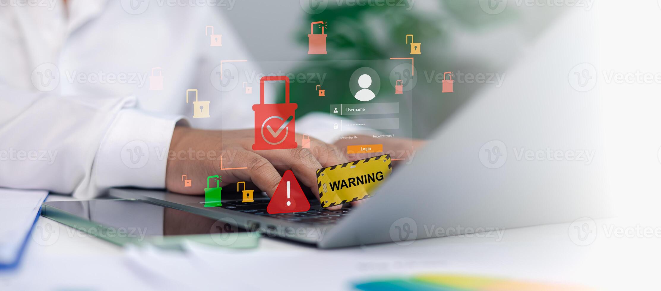 Cybersecurity Warning and Data Protection Concept with Login Security and Hacking Alert photo