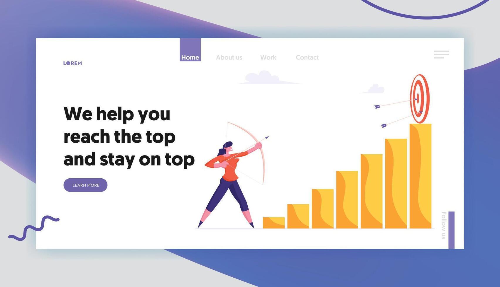 Challenge, Task Solution Website Landing Page. Businesswoman Aiming Arrow to Target Board on Top of Column Chart. Business Strategy Goals Achievement Web Page Banner. Cartoon Flat Illustration, vector