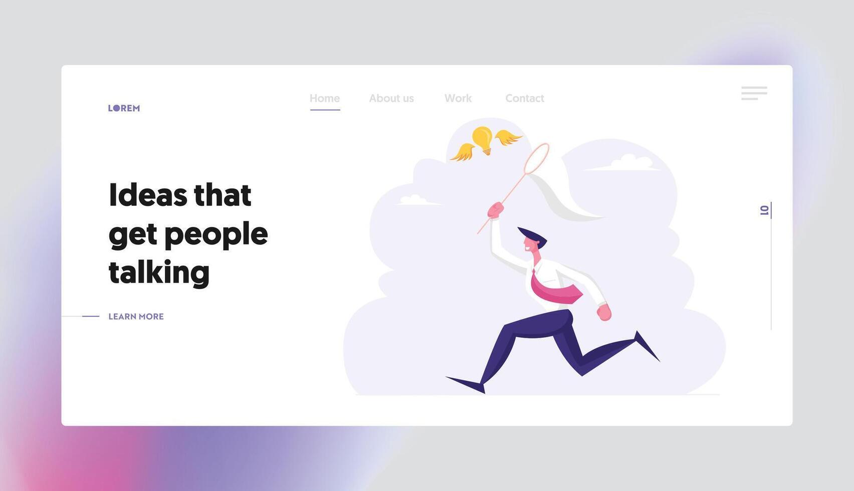 Business Man Searching Inspiration Creative Idea Website Landing Page. Businessman Chasing Flying Light Bulb Trying to Catch it with Butterfly Net Web Page Banner. Cartoon Flat Illustration vector