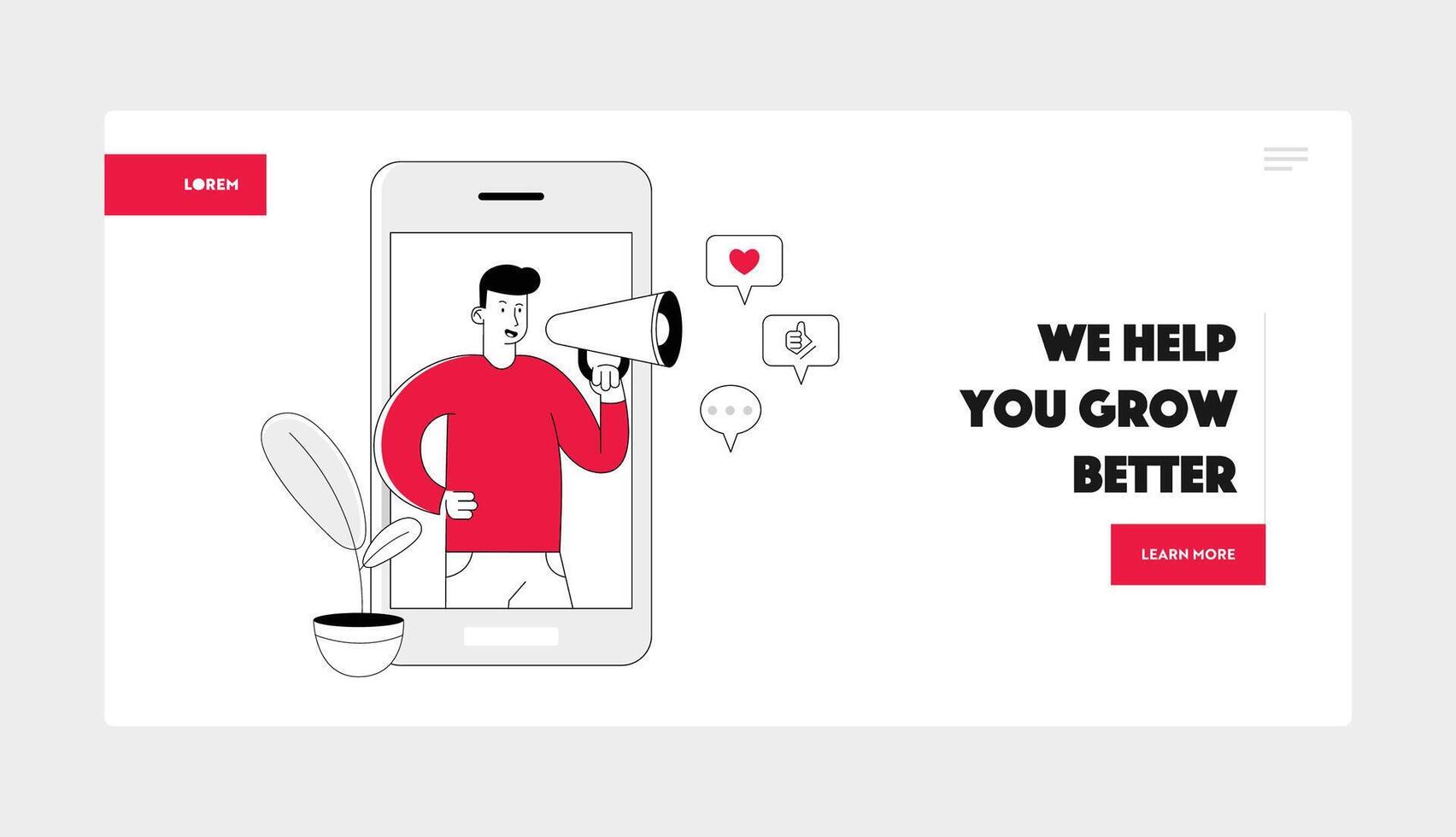 Smm Social Media Networking Website Landing Page. Man Blogger with Megaphone Stand at Smartphone Screen Broadcasting Streaming Post Announcement Web Page Banner. Cartoon Flat Illustration vector