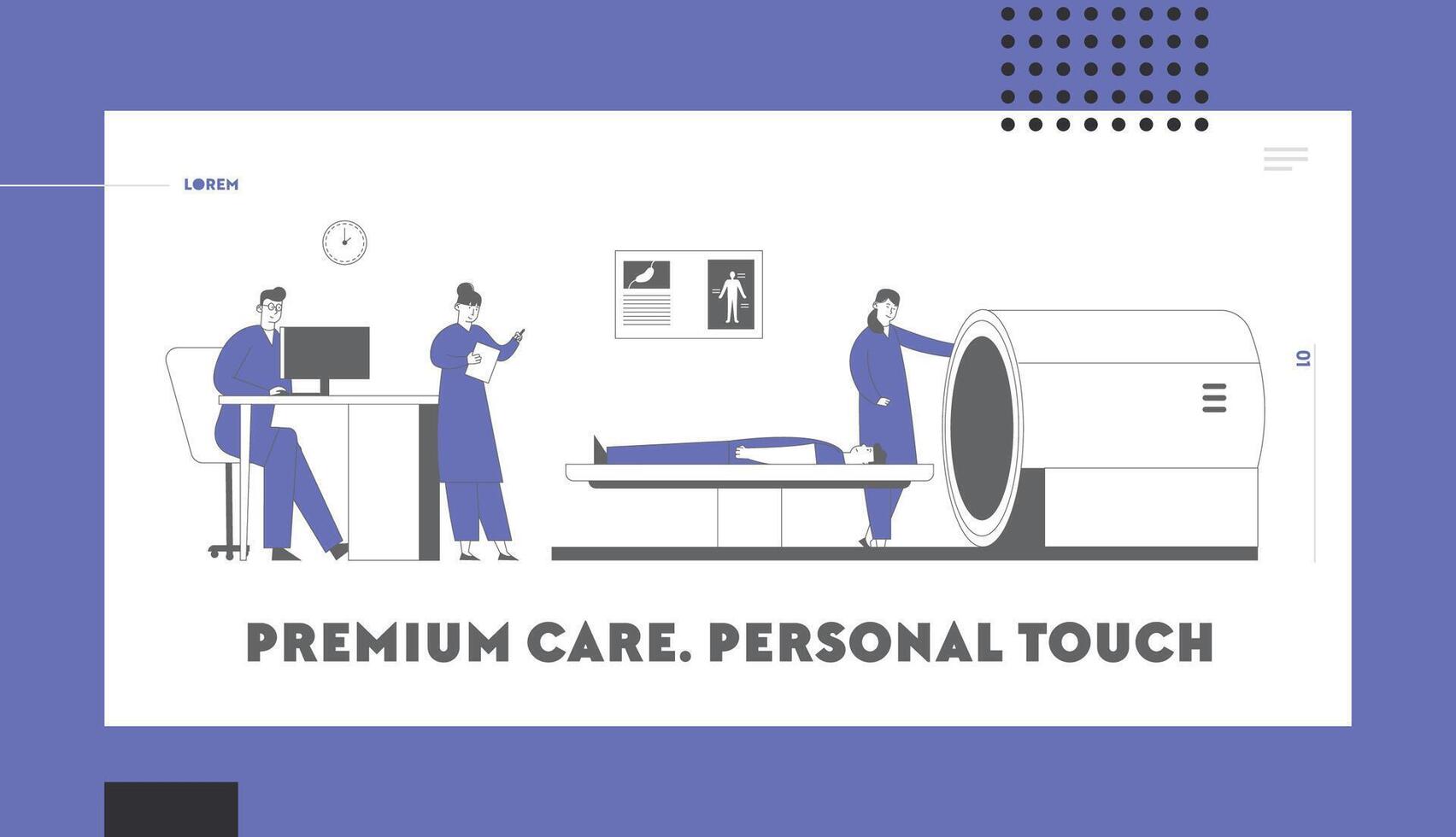 Magnetic Resonance Imaging Website Landing Page. Doctor Looking at Results of Patient Brain Scan on Screen in Front of Mri Machine with Man Lying Down Web Page Banner. Cartoon Flat Illustration vector