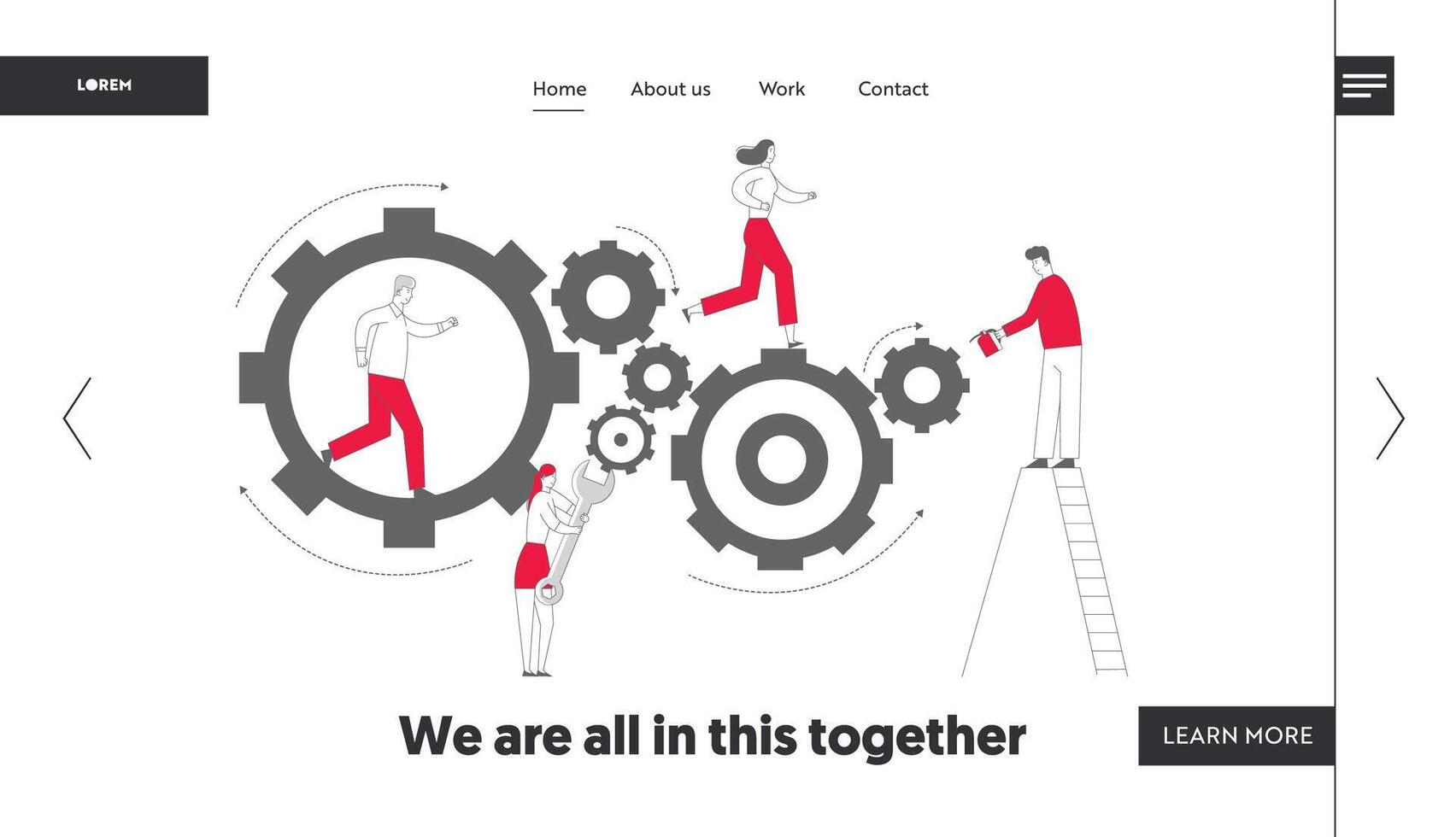 Time Concept Website Landing Page. Tiny Characters on Ladders with Repair Tools and Instruments Fixing Huge Mechanism Made of Gears and Cogwheels Web Page Banner. Cartoon Flat Illustration vector