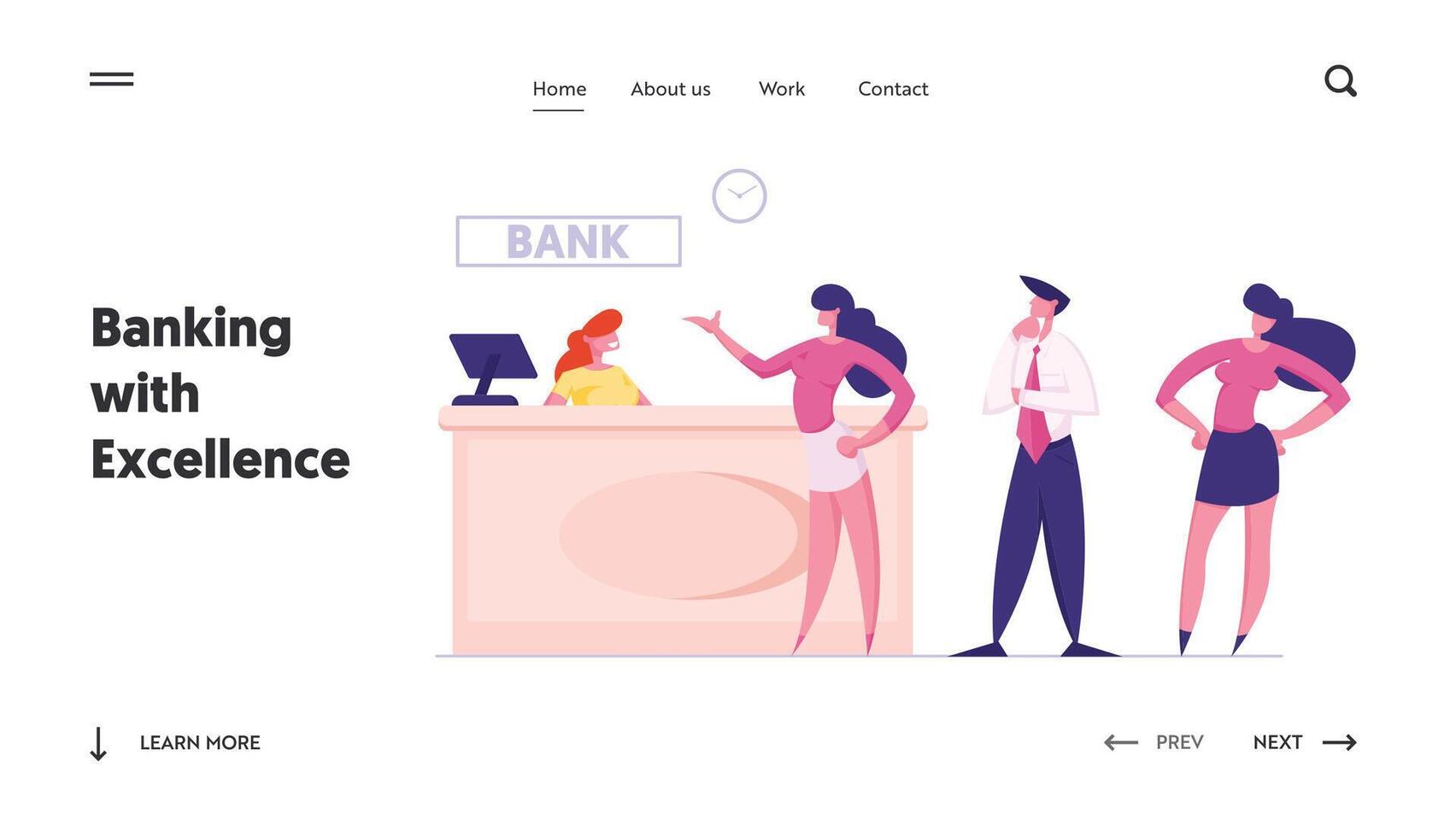 Customers at Bank Counter Website Landing Page. Business People Stand at Operator Desk Waiting Turn for Making Financial Operations and Consulting Web Page Banner. Cartoon Flat Illustration vector