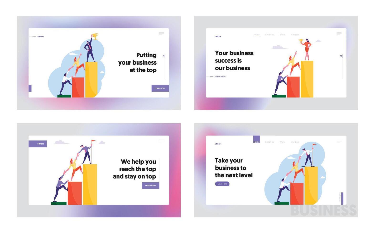 Career Ladder with Characters Team Work Website Landing Page Set. Businesspeople Holding Hands Going Up on Growth Chart Diagram, Business Challenge Web Page Banner. Cartoon Flat Illustration vector