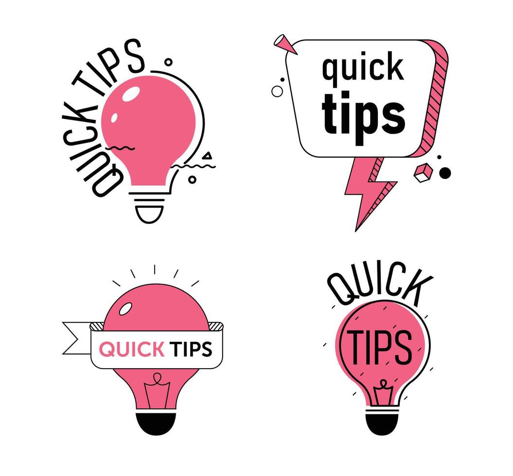 Quick Tips, Helpful Tricks Banners Set Isolated on White Background. Icons of Solution. Pink Light Bulbs and Speech Bubble with Text. Cartoon Flat Illustration in Line Art Style, Clip Art vector