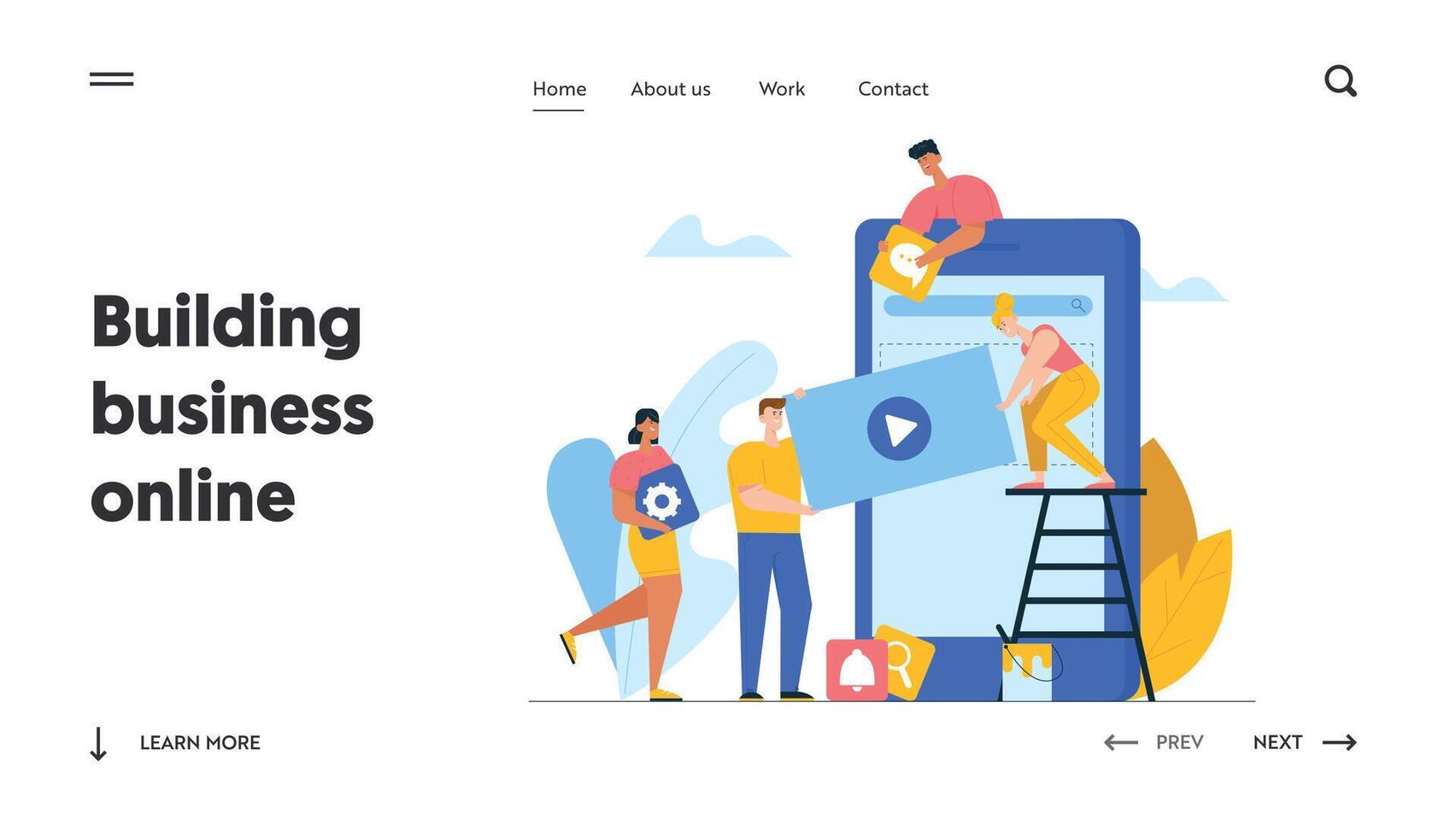 Designers Develop Application for Mobile Phone Website Landing Page. Business People Creative Team Putting App Icons on Huge Smartphone Screen Teamwork Web Page Banner Cartoon Flat Illustration vector