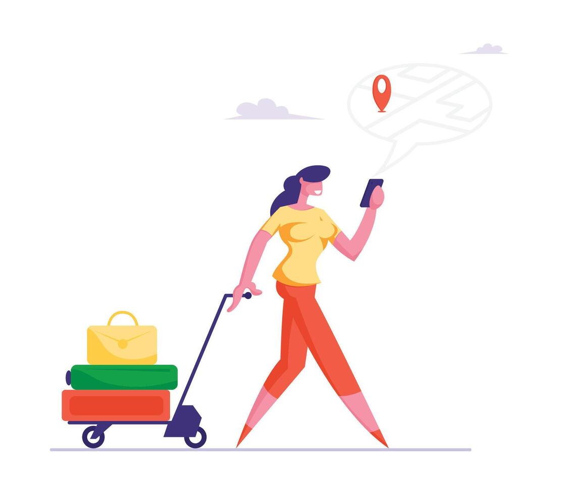 People Using Gadget Online Navigation App Concept. Woman Pulling Trolley with Luggage Watching on Mobile Phone Screen with Map and Location Marker Geo Tag Gps Pointer Cartoon Flat Illustration vector